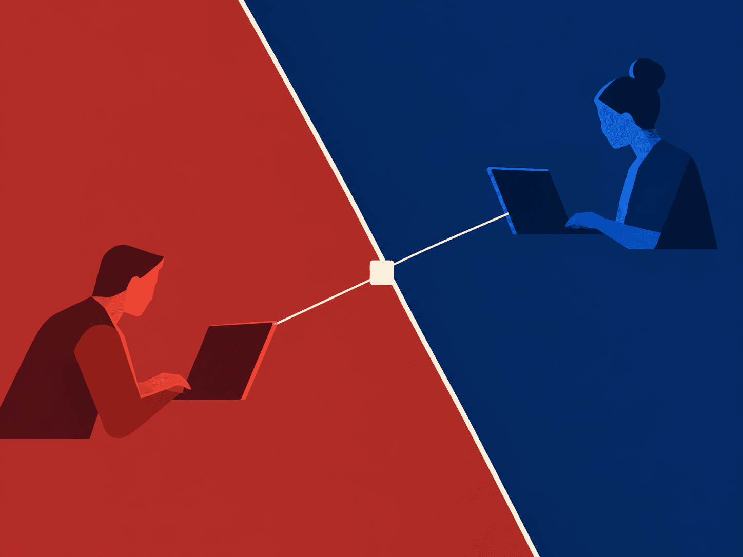 Illustrated red and blue security teams working across an isolated cyber range